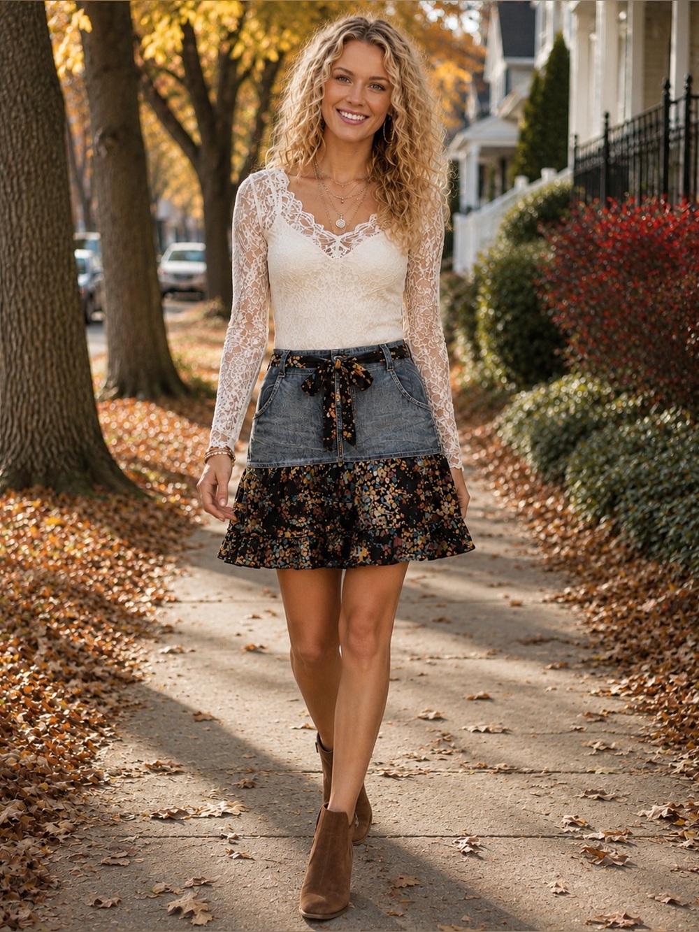 H237 Young Threads L w 16-17  Tiered Mini Skirt with Denim and Floral